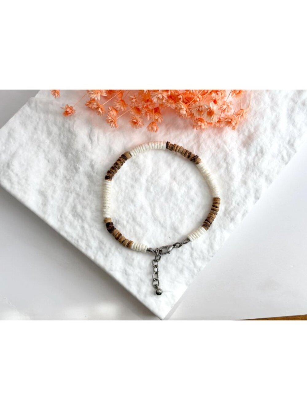 Wooden & White Stone Stacked Beaded Extendable Beach Inspired Vintage Bracelet - Picture 3 of 9